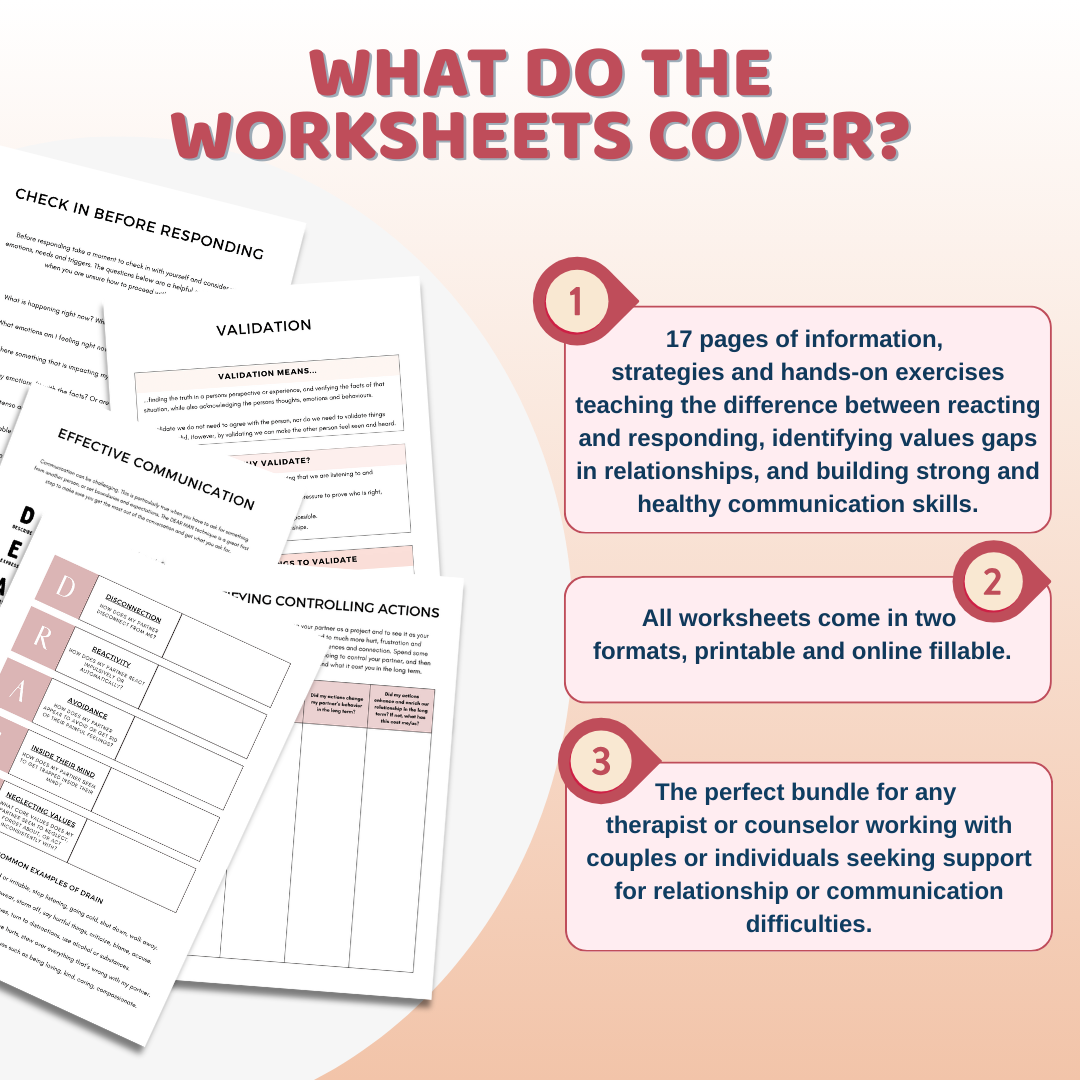 Couples Therapy Worksheets: Enhancing Communication, Responding vs. Reacting, Relationship Counseling, and Interpersonal Effectiveness