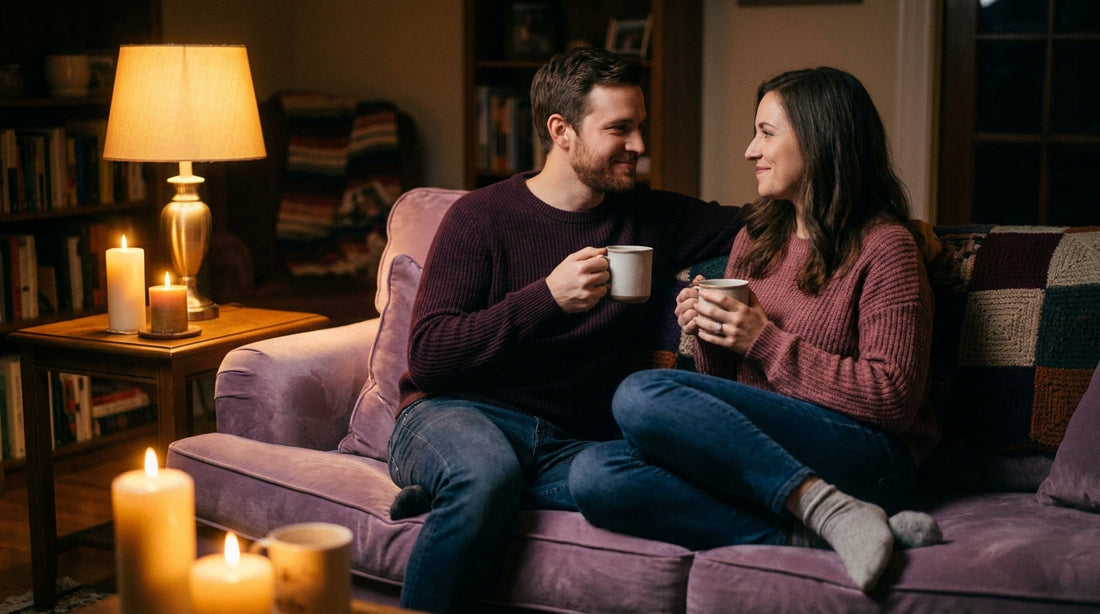 Couple talking with mugs on a couch — weekly relationship check-in