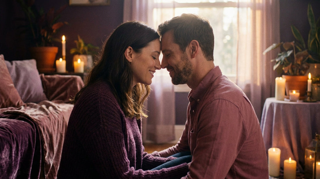Couple with foreheads gently touching — trust-building exercises for couples